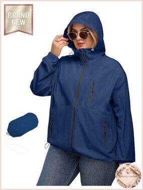Women's Plus Size Waterproof Rain Jacket with Hood, Windproof Outdoor Raincoat